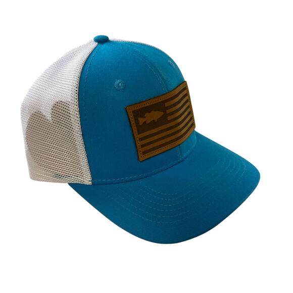 Y2K Live Fish or Die Blue White Trucker Hat Brown Leather Patch Adjustable New - Picture 3 of 5